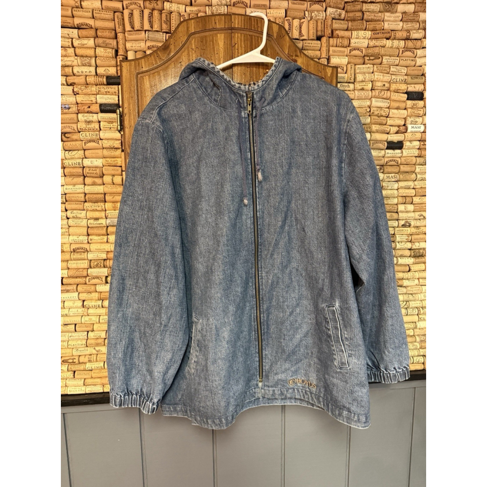 Vintage Women’s Boyd’s Bearwear Denim Long Chore Coat Logo With Hood Zip Sz 2X